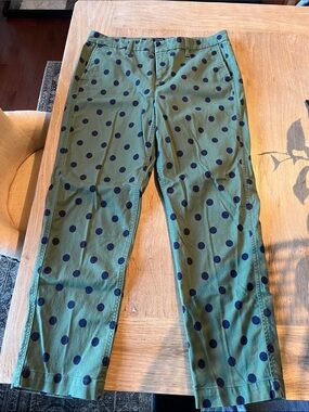 J Crew high rise girlfriend chino.  Green Polka Dot Chinos - Navy Dots